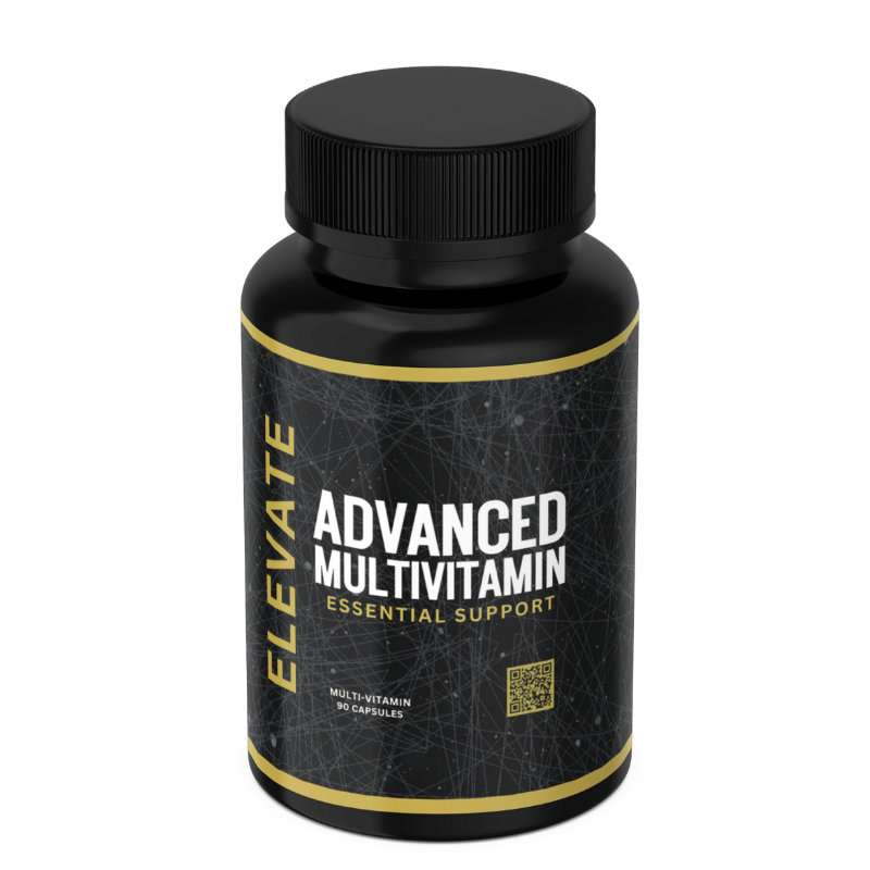 Elevate Multi-Vitamin bottle featuring colorful capsules and label with daily vitamins and minerals from ElevateSupplementsNI.