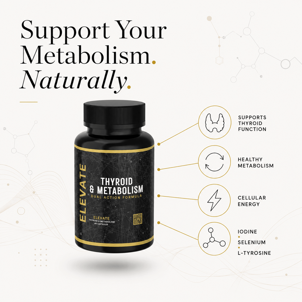 Elevate Thyroid & Metabolism Support supplement bottle with iodine, selenium, and L-tyrosine from ElevateSupplementsNI.