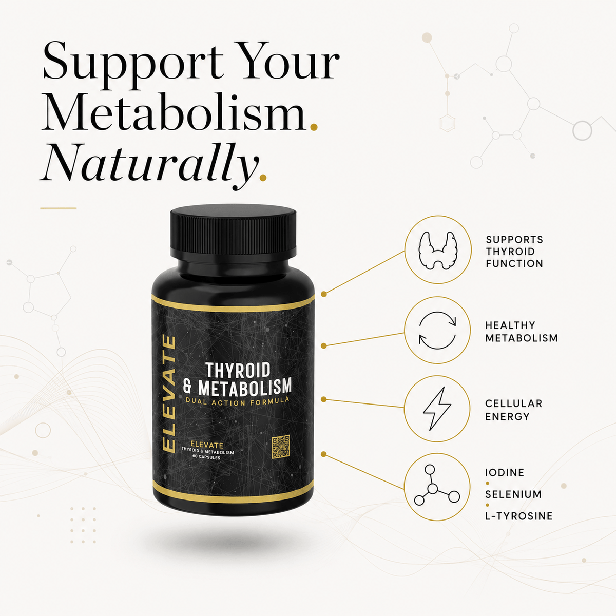 Elevate Thyroid & Metabolism Support supplement bottle with iodine, selenium, and L-tyrosine from ElevateSupplementsNI.