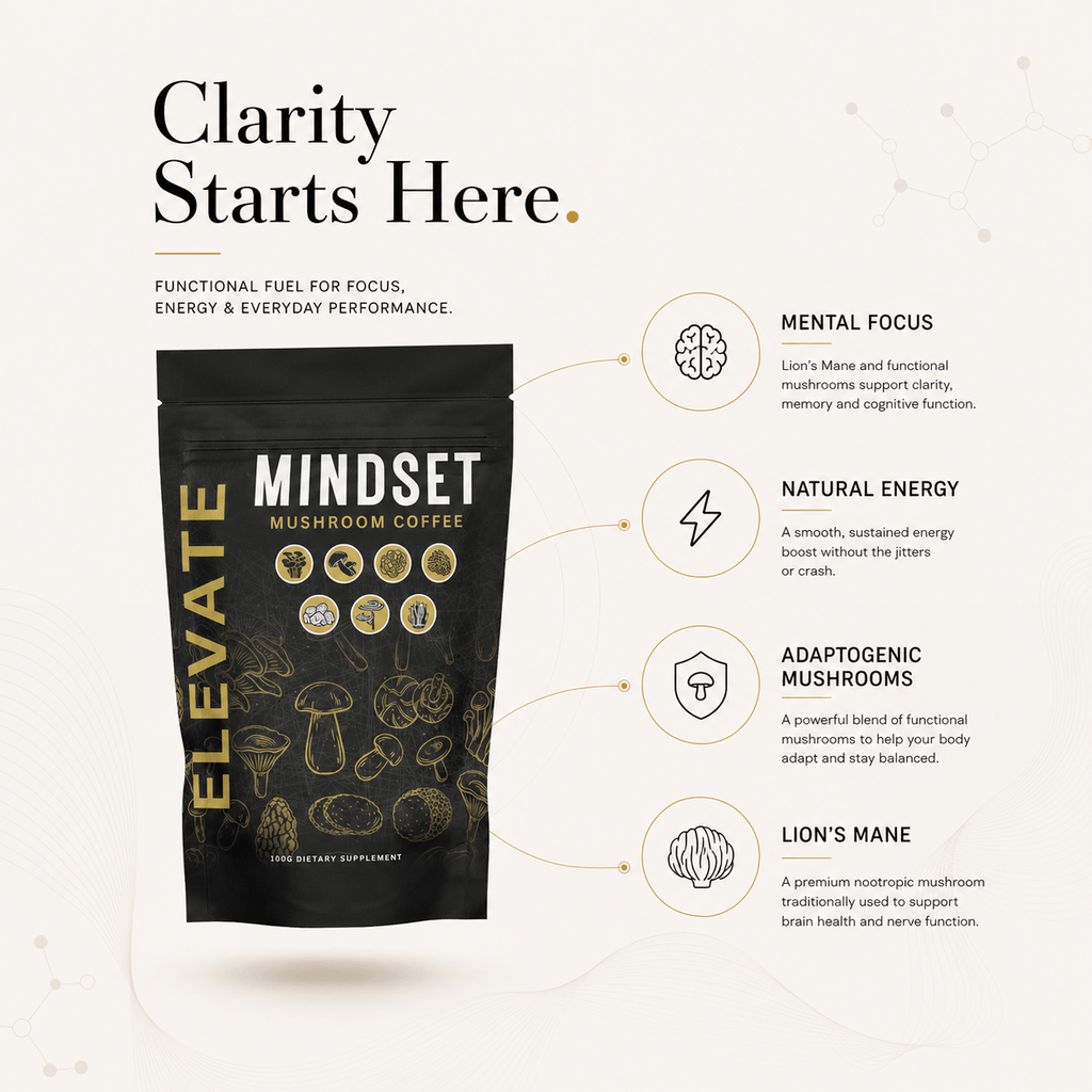Elevate Mushroom Coffee by ElevateSupplementsNI featuring Lion's Mane and adaptogenic mushroom ingredients in a coffee cup.