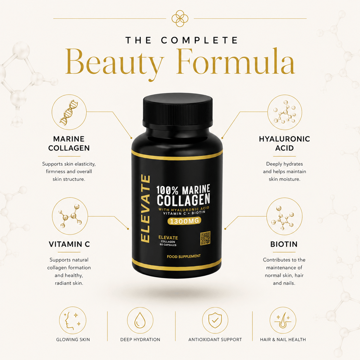 Elevate Marine Collagen supplement bottle with hyaluronic acid, vitamin C, and biotin from ElevateSupplementsNI.