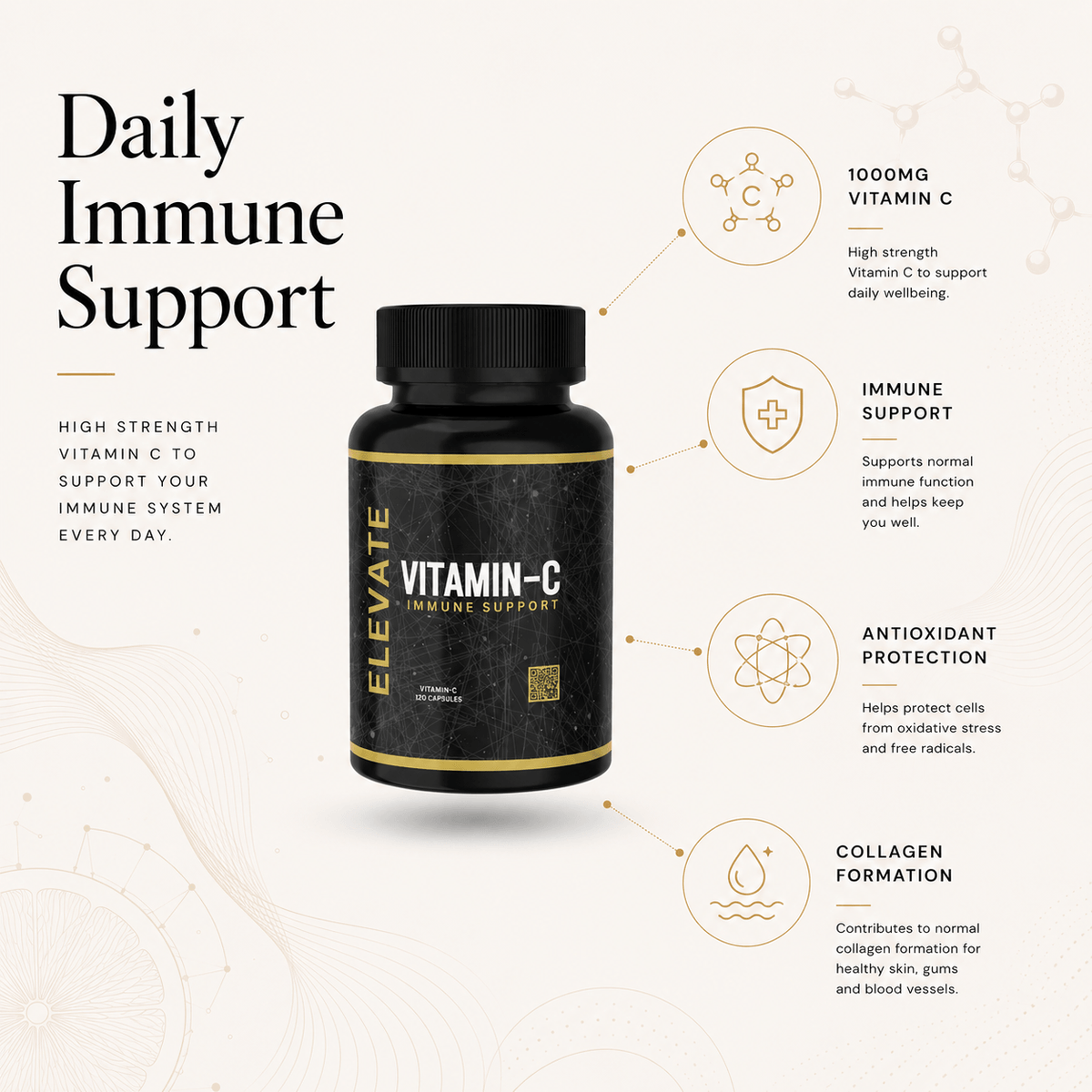 Elevate Vitamin C 1000mg high strength supplement bottle from ElevateSupplementsNI, featuring orange capsules and label.