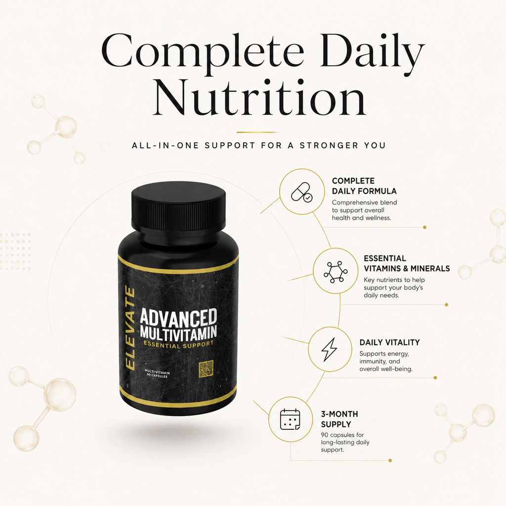 Elevate Multi-Vitamin bottle with colorful capsules, containing daily vitamins and minerals from ElevateSupplementsNI.
