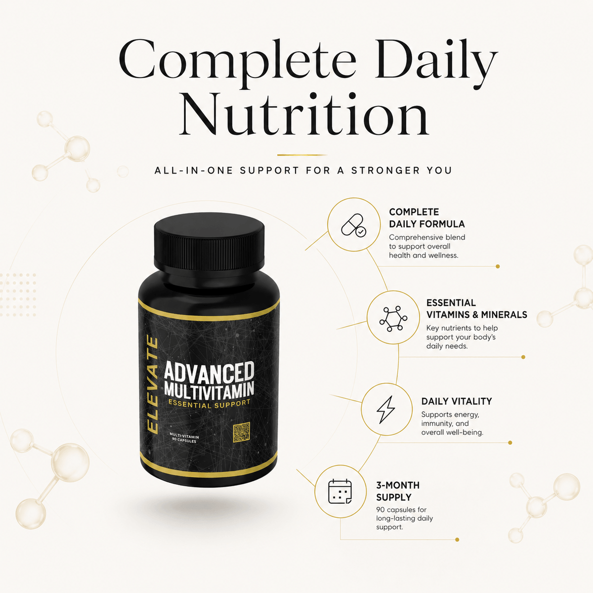 Elevate Multi-Vitamin bottle with colorful capsules, containing daily vitamins and minerals from ElevateSupplementsNI.