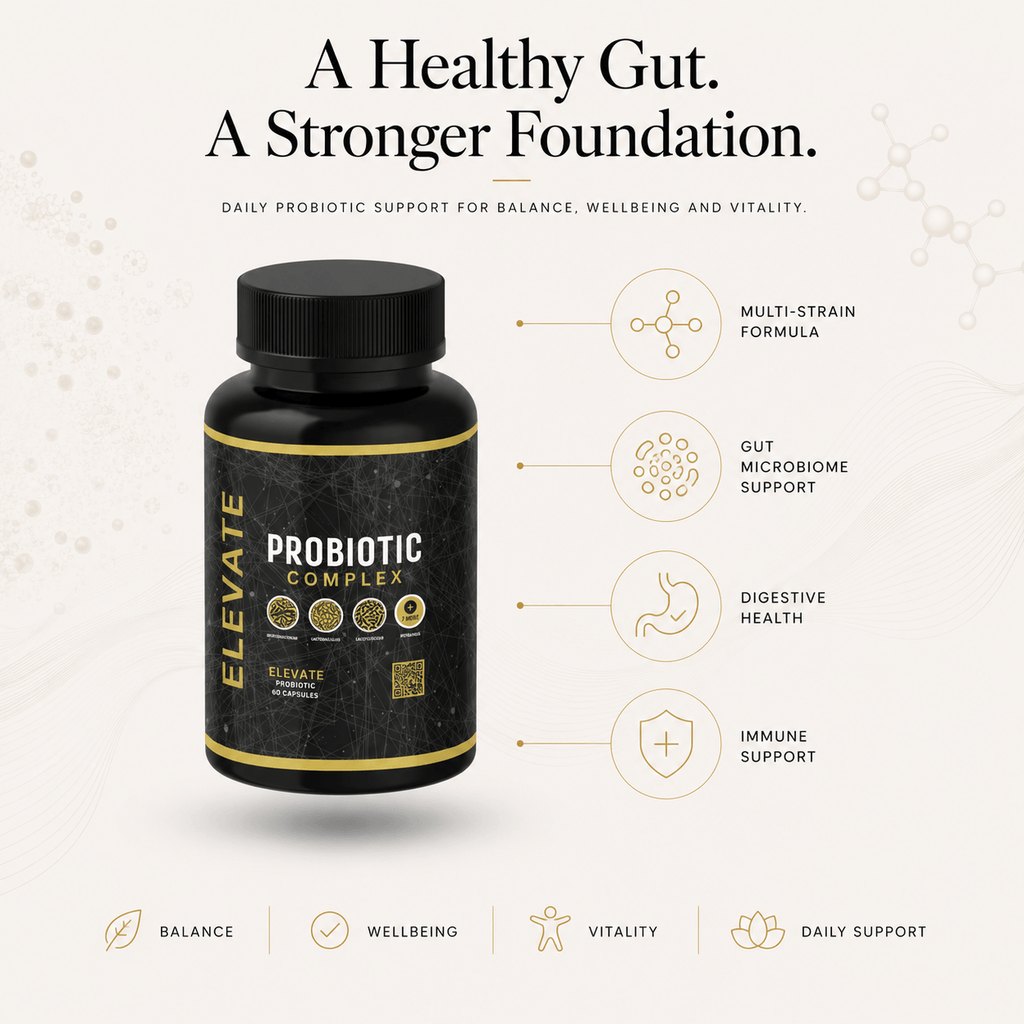 Elevate Probiotic Complex by ElevateSupplementsNI, multi-strain probiotic capsules in a white bottle with label and cap.