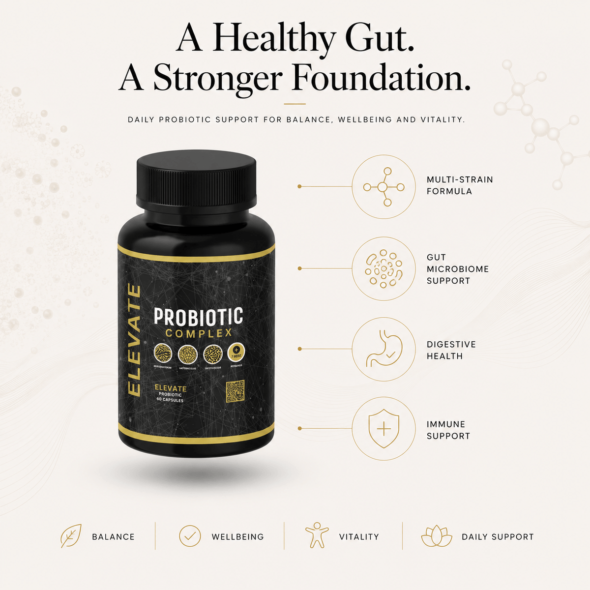 Elevate Probiotic Complex by ElevateSupplementsNI, multi-strain probiotic capsules in a white bottle with label and cap.
