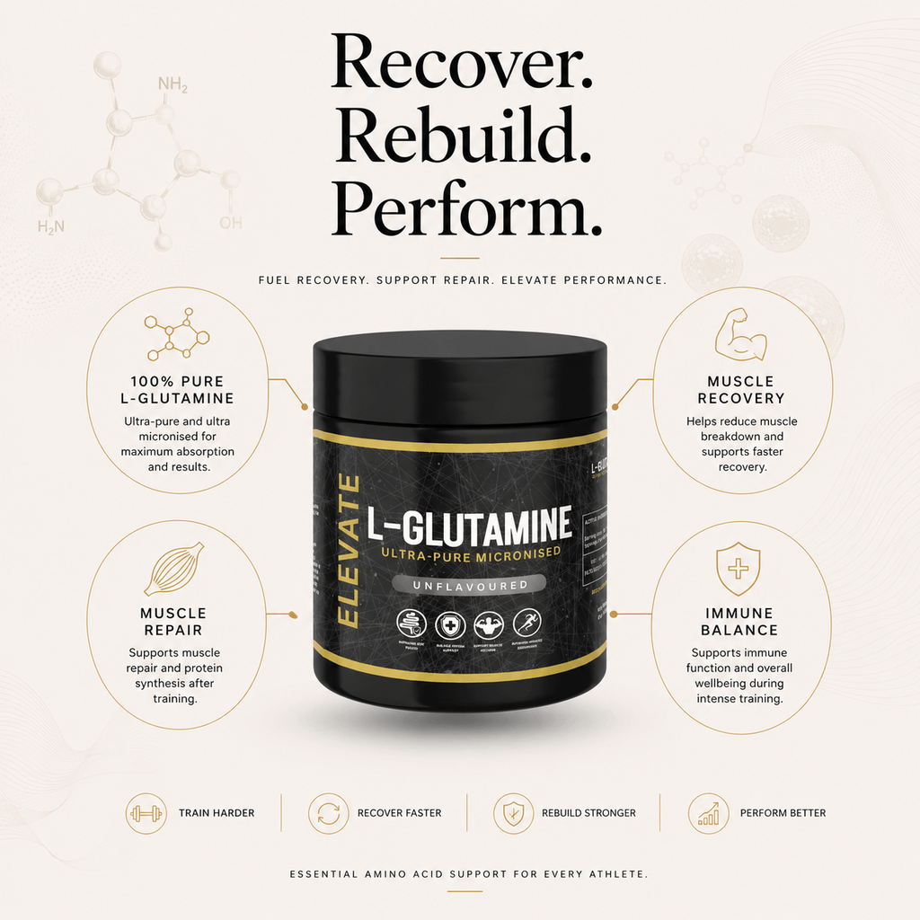 Elevate L-Glutamine supplement in a 500g container, ultra-micronized powder for muscle recovery and immune support.