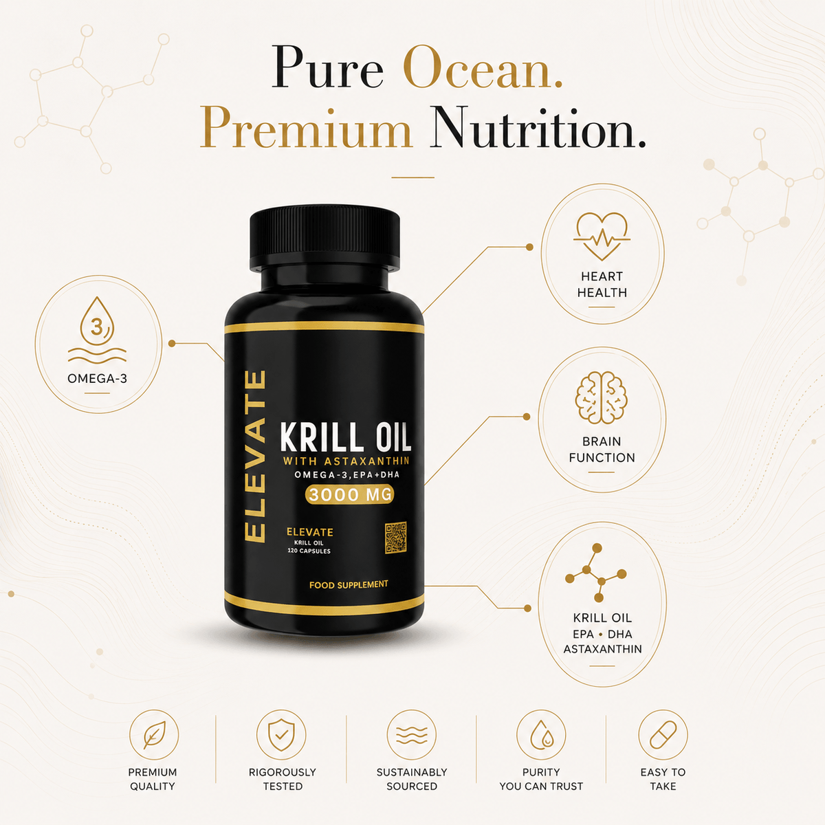 Elevate Krill Oil 3000mg supplement bottle with label showing astaxanthin, omega-3, EPA, and DHA, from ElevateSupplementsNI.