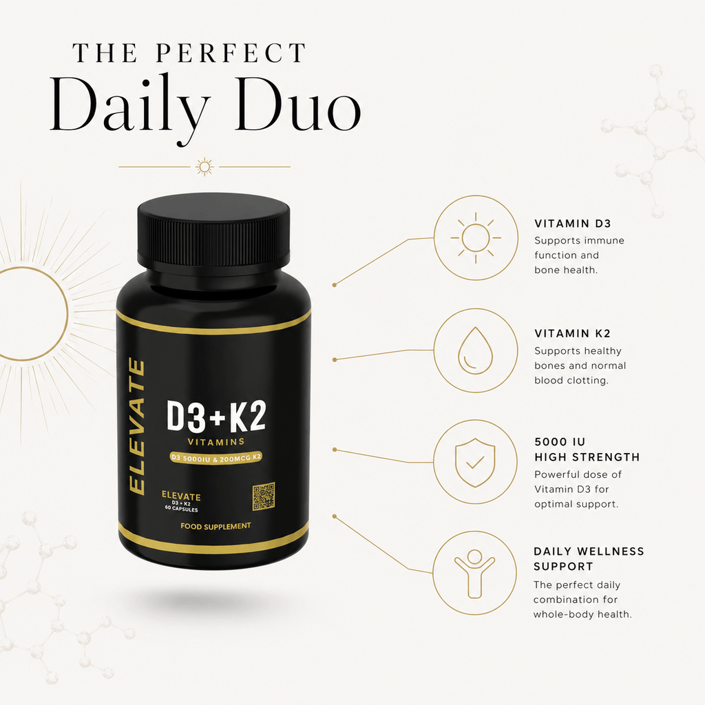 High-strength Elevate D3 + K2 supplements bottle showcasing the supplement label and branding from ElevateSupplementsNI.