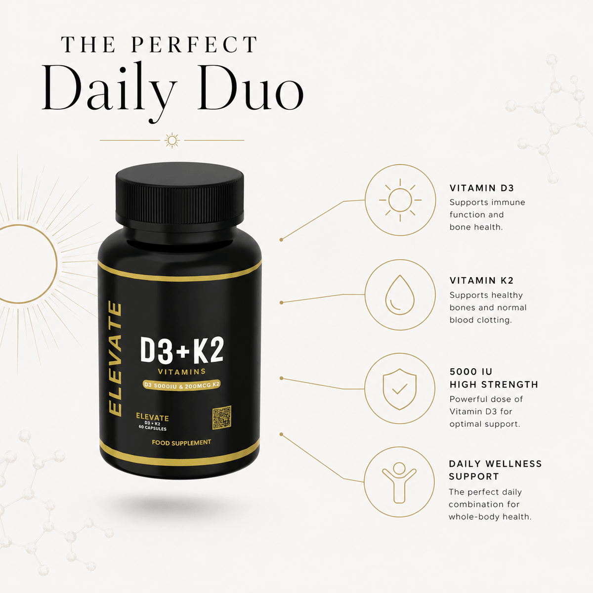 High-strength Elevate D3 + K2 supplements bottle showcasing the supplement label and branding from ElevateSupplementsNI.