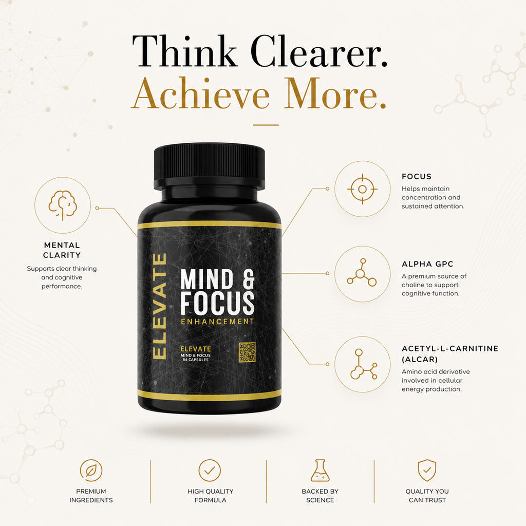 Elevate Mind & Focus supplement by ElevateSupplementsNI featuring capsules with Alpha GPC and Acetyl-L-Carnitine for mental clarity