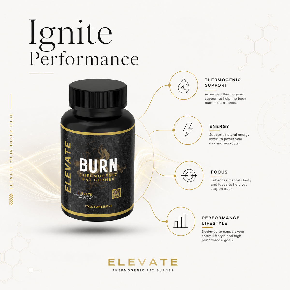 ElevateBurn thermogenic fat burner capsules by ElevateSupplementsNI, showing a bottle of dietary supplement capsules with label.