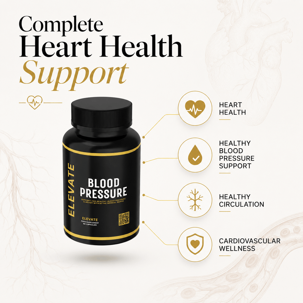 ElevateBlood Pressure supplement bottle from ElevateSupplementsNI with label and product information for heart and circulation support.