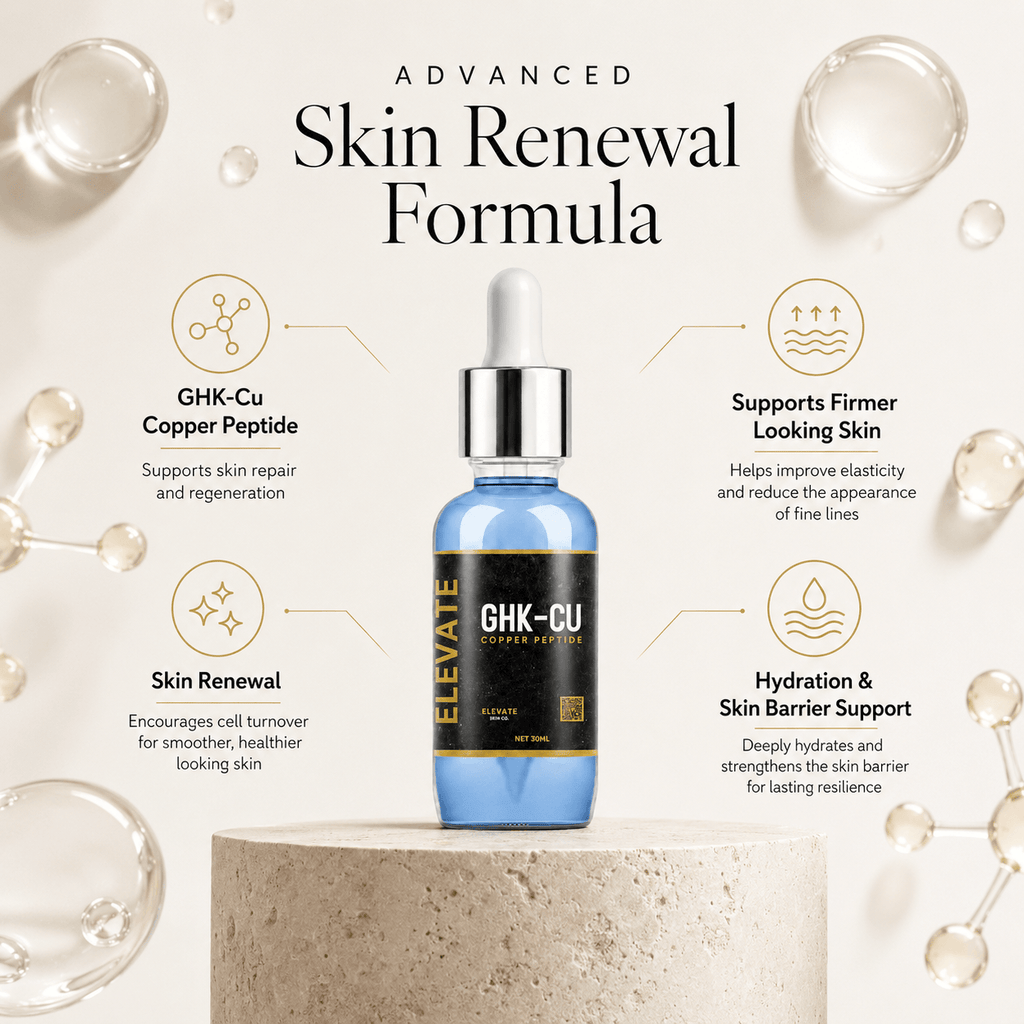 Elevate Copper Peptide Serum by ElevateSupplementsNI, showing a sleek bottle of skin renewal formula with a pump dispenser.