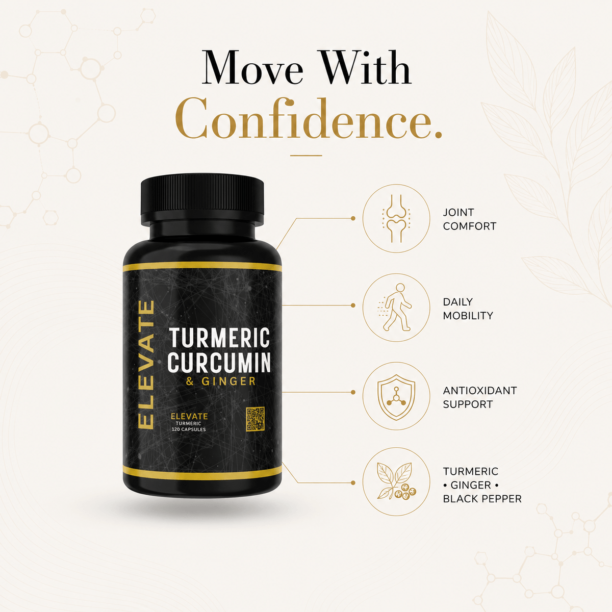 Elevate Supplements Turmeric Curcumin and Ginger supplement bottle with black pepper extract, featuring colorful label design.