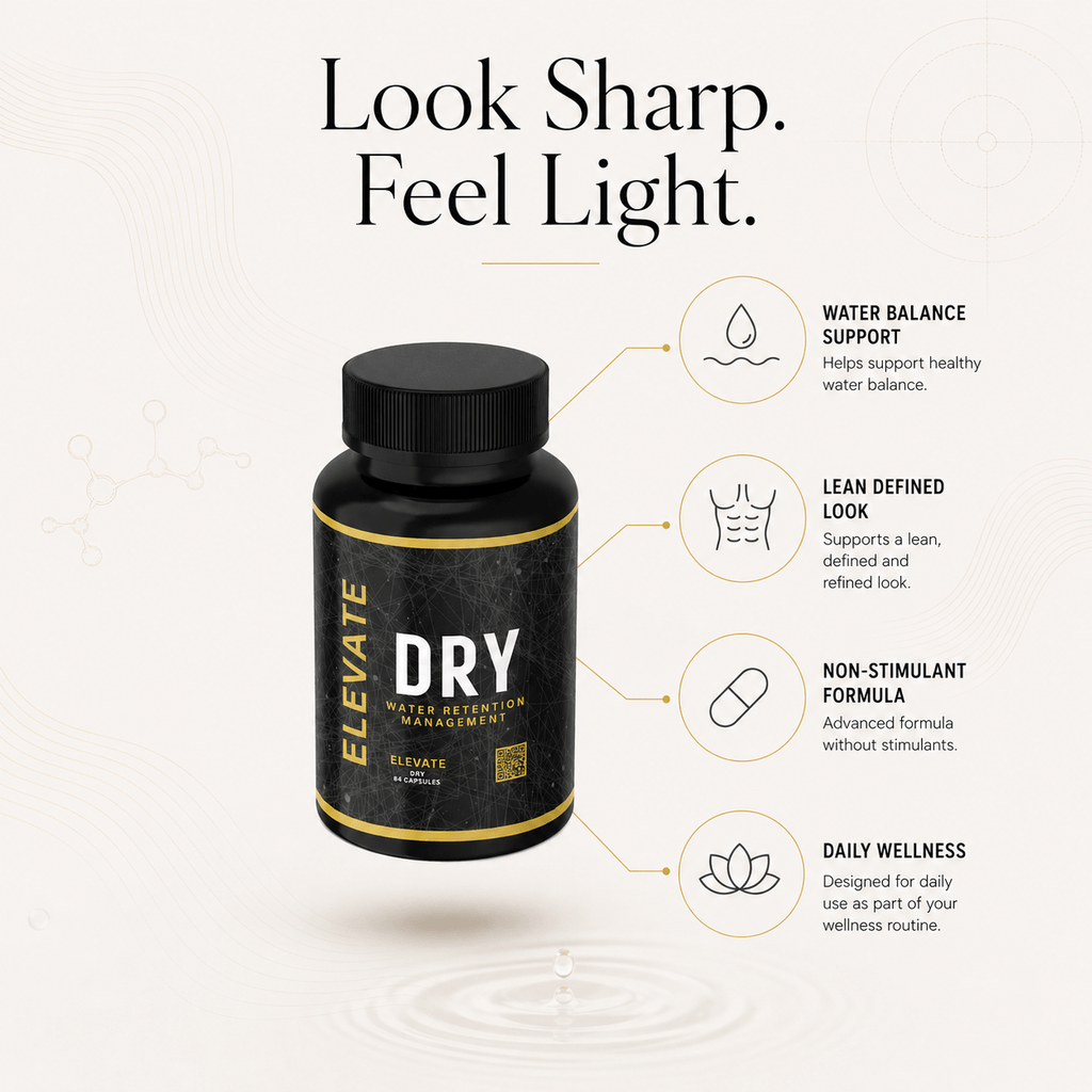Elevate Dry water balance and definition supplement by ElevateSupplementsNI, showing the product bottle with label details.