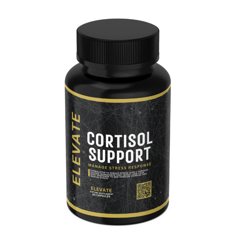 Elevate Supplements cortisol support supplement featuring Rhodiola, L-Theanine, and Magnesium in capsule form.