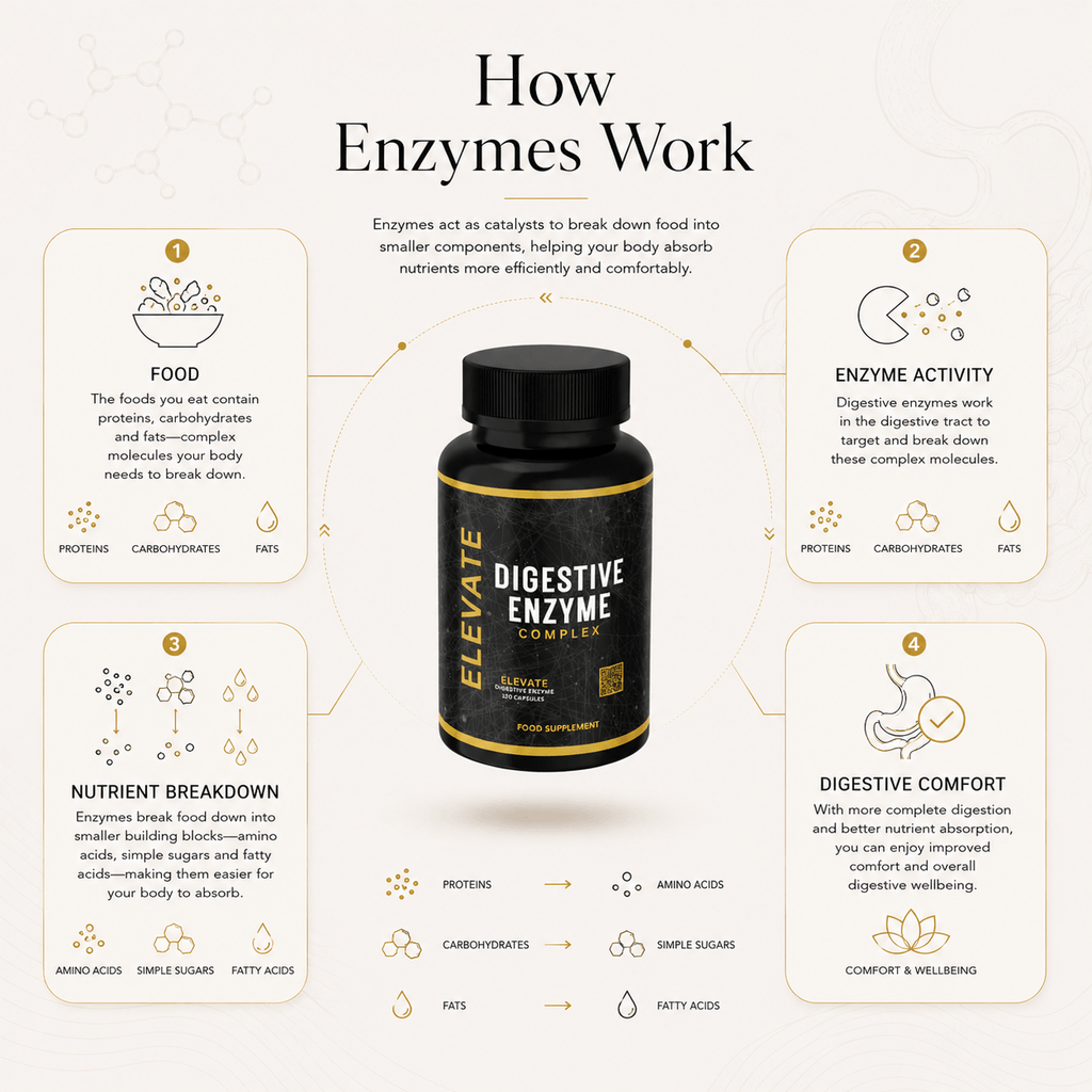 Elevate Digestive Enzyme Complex supplement bottle showing label with multi-enzyme formula for digestive support.