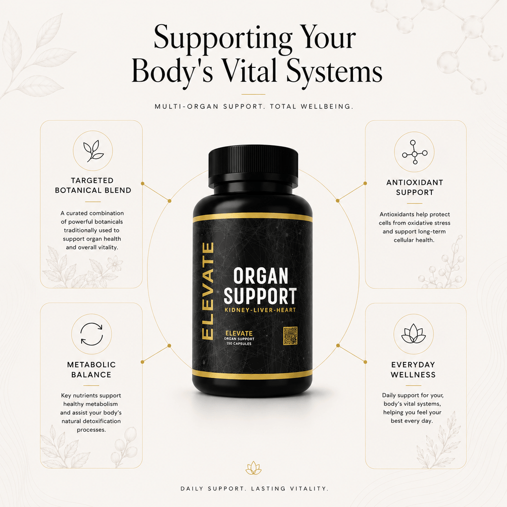 Elevate Supplements Elevate Organ Support bottle showing label with multi-organ health formula and supplement capsules.