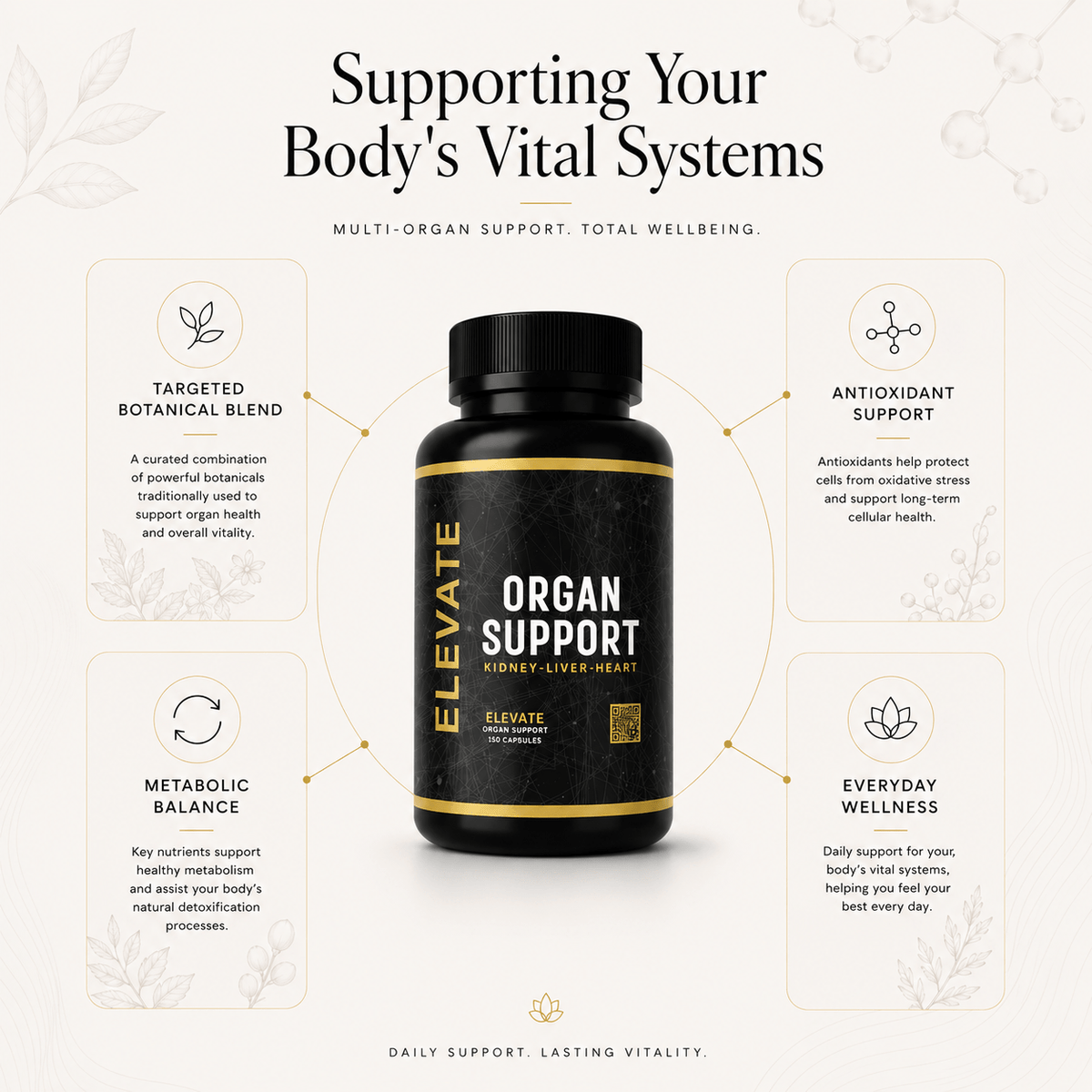 Elevate Supplements Elevate Organ Support bottle showing label with multi-organ health formula and supplement capsules.