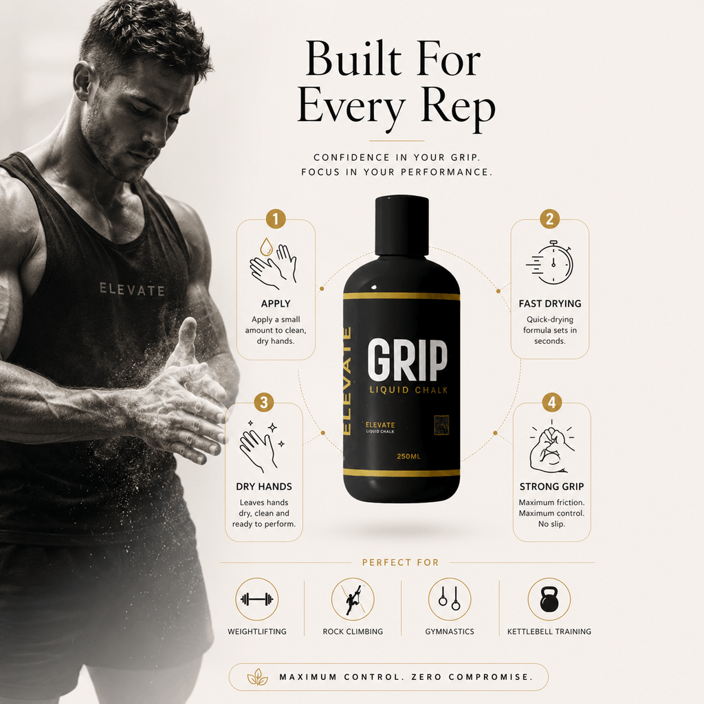 Elevate Supplements Elevate Grip Liquid Chalk for enhanced grip and long-lasting hold during workouts and lifting sessions.
