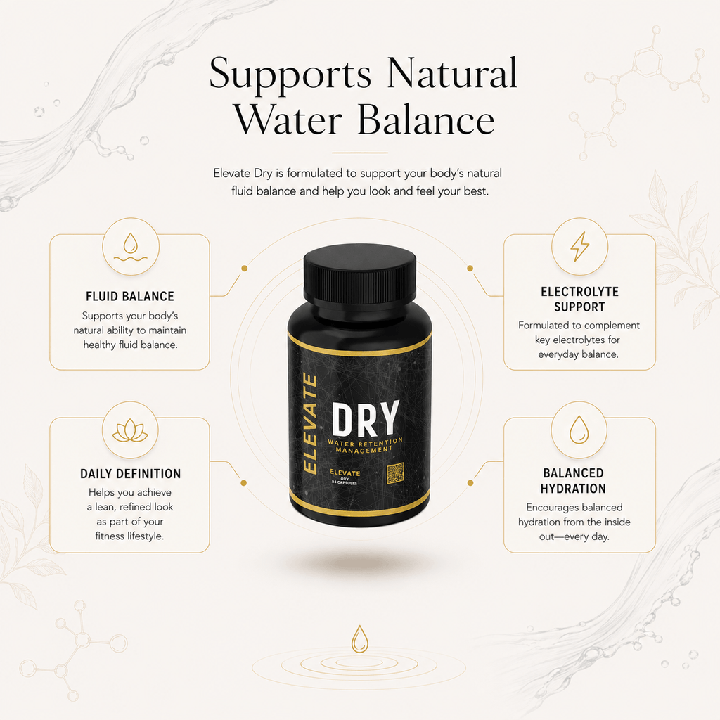 Elevate Dry water balance and definition formula by ElevateSupplementsNI, featuring a container of the supplement with label details visible.