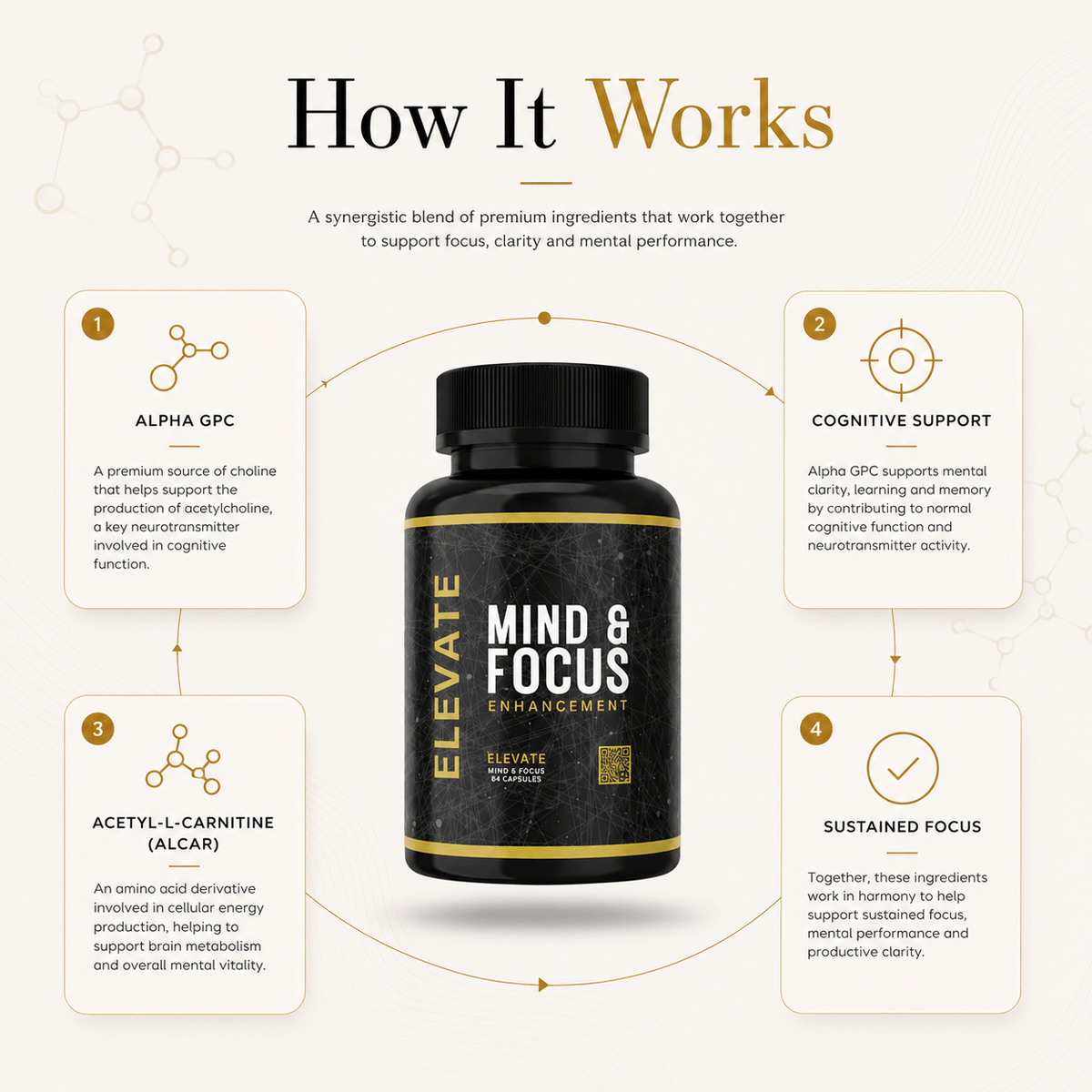 Elevate Mind & Focus supplement bottle from ElevateSupplementsNI with capsules and label featuring product details.