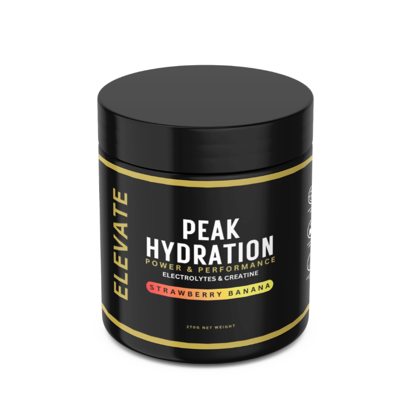 Elevate Peak Hydration electrolyte and creatine powder by ElevateSupplements in a 270g container, showing the product packaging.