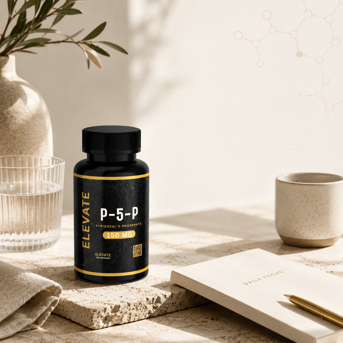 Elevate P-5-P Active Vitamin B6 supplement bottle from ElevateSupplementsNI, showing the label and product packaging.