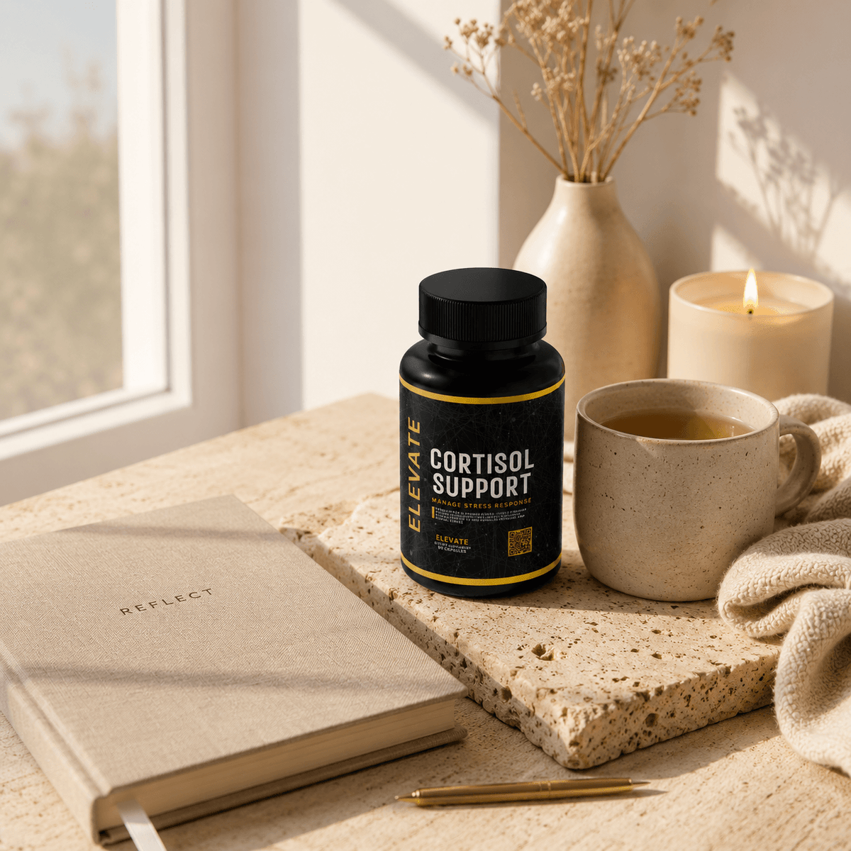 Elevate Cortisol Support supplement by ElevateSupplementsNI featuring Rhodiola, L-Theanine, and Magnesium in capsule form.