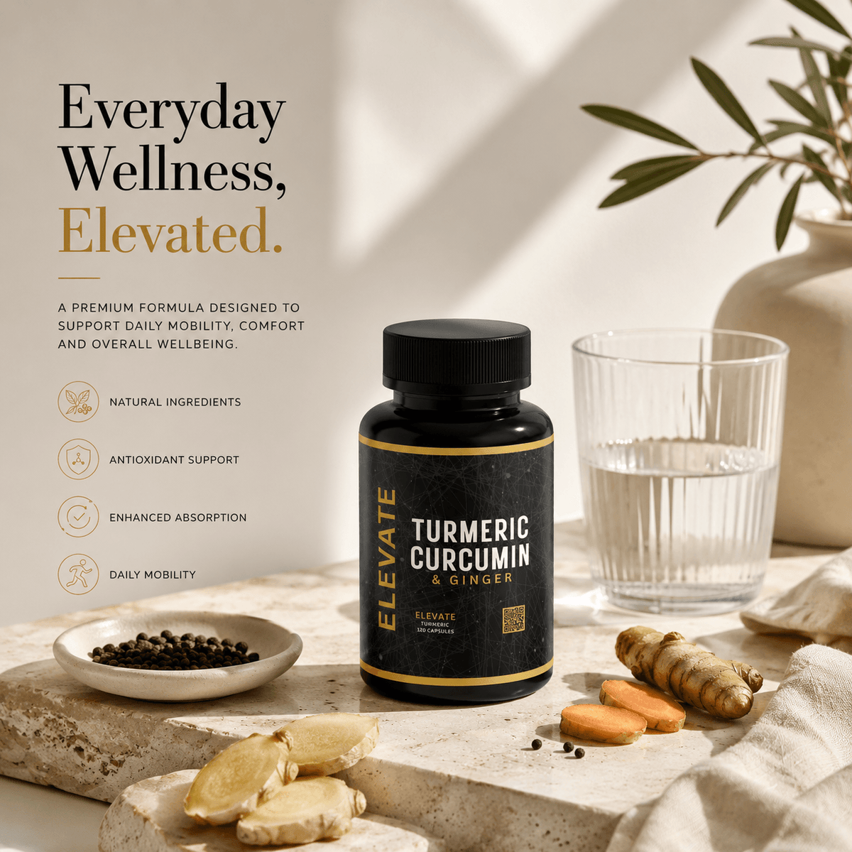 Elevate Supplements Turmeric Curcumin and Ginger supplement bottle with black pepper extract, label showing supplement details.