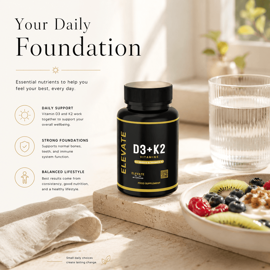Elevate Supplements Elevate D3 + K2 5000 IU bottle showing high strength vitamin D3 and K2 capsules.