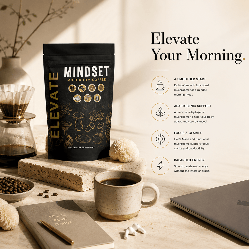 Elevate Mushroom Coffee by ElevateSupplementsNI featuring Lion's Mane and adaptogenic mushrooms in a clear coffee mug.