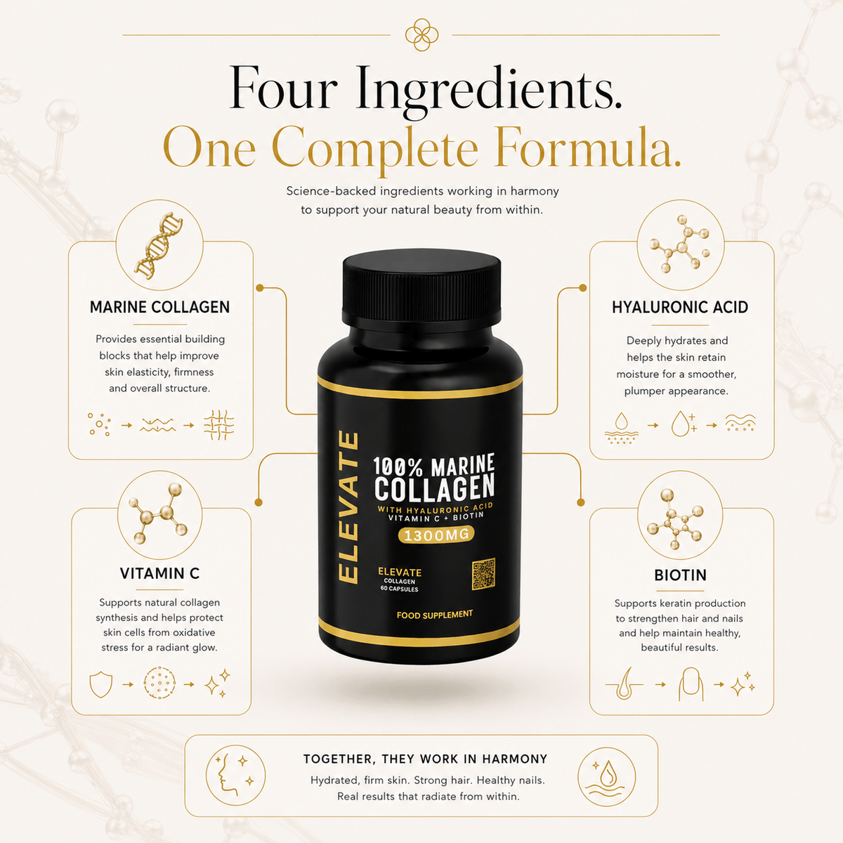 Elevate Marine Collagen supplement bottle with hyaluronic acid, vitamin C, and biotin, featuring the ElevateSupplementsNI branding.