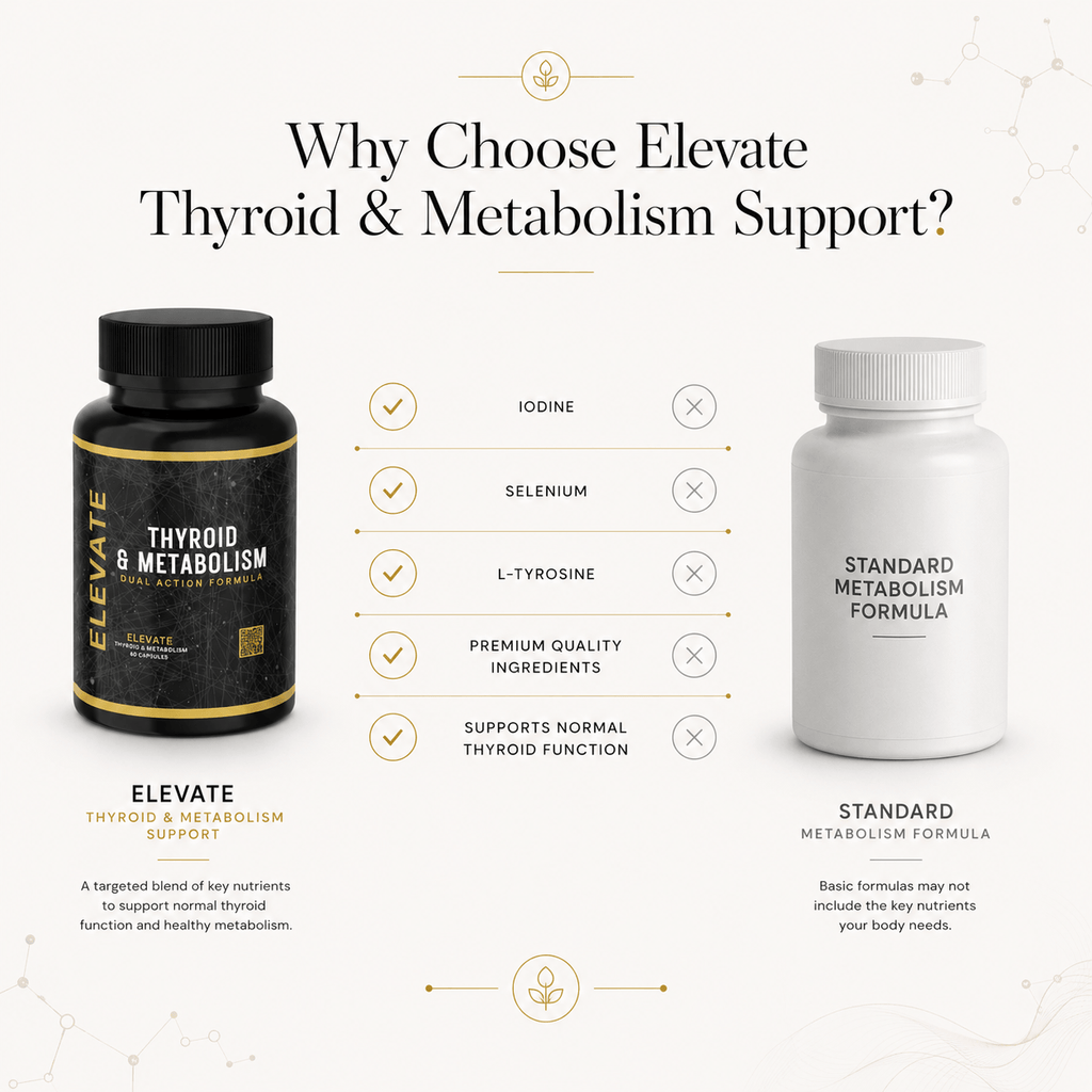 Elevate Thyroid & Metabolism Support supplement bottle with capsules containing iodine, selenium, and L-Tyrosine.