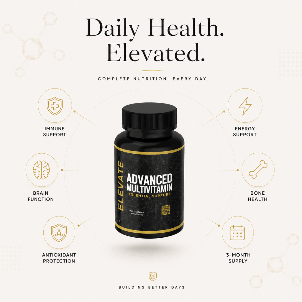 Elevate Multi-Vitamin bottle with colorful capsules, daily vitamins and minerals supplement from ElevateSupplementsNI.