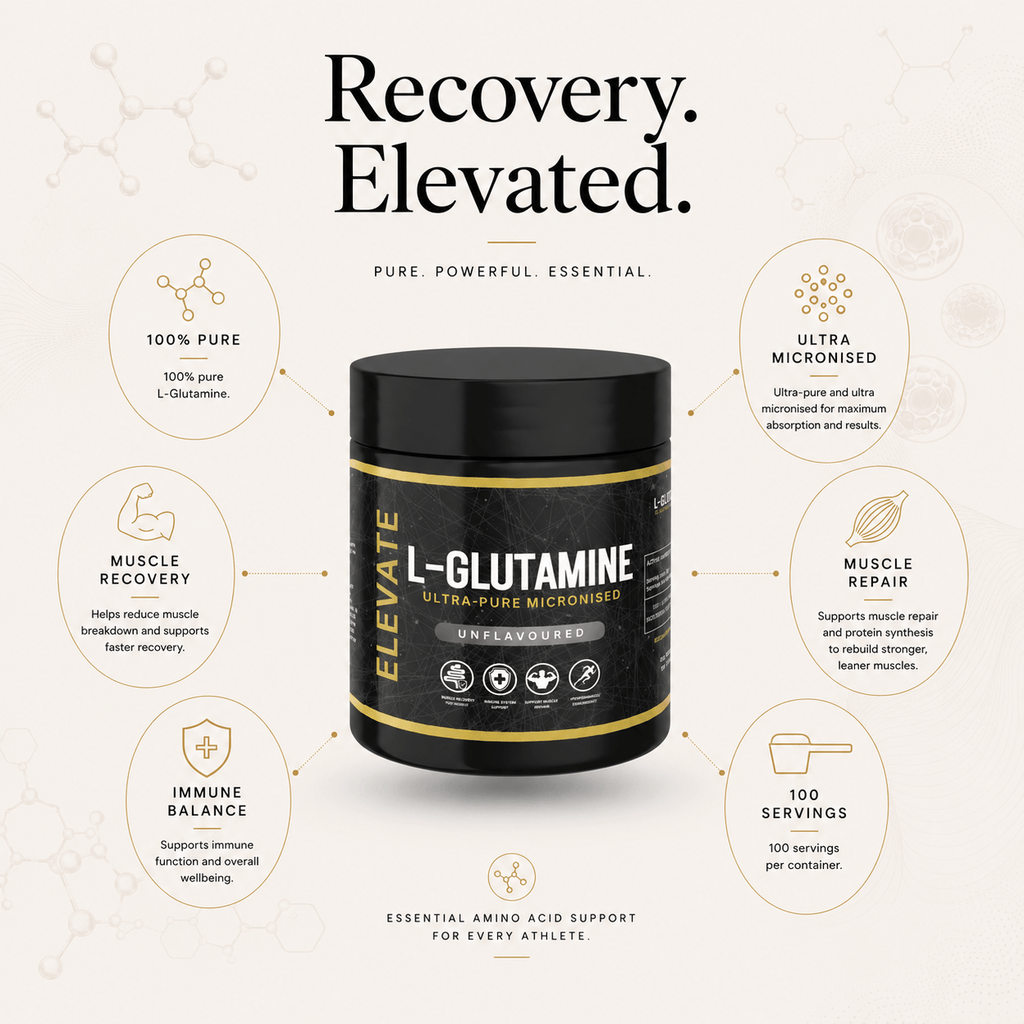 Elevate L-Glutamine supplement in a 500g container, ultra micronized powder for fitness and muscle recovery.
