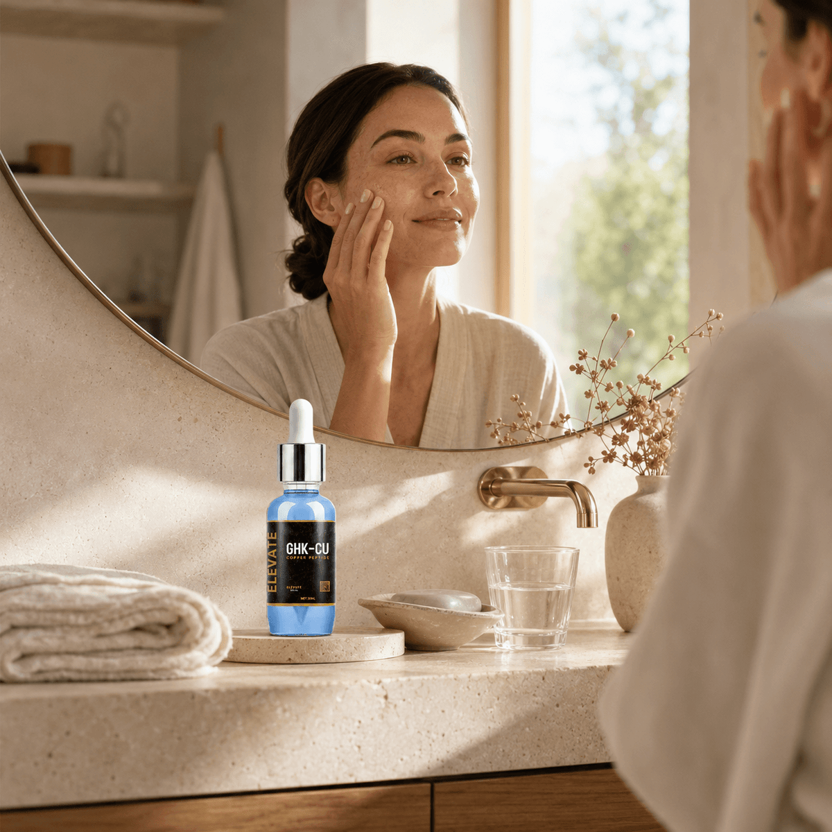 Elevate Copper Peptide Serum by ElevateSupplementsNI, a skin renewal formula in a sleek glass bottle with dropper applicator.