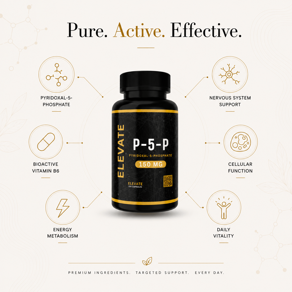 Elevate Supplements Elevate P-5-P active Vitamin B6 supplement bottle with label showing product details and branding.