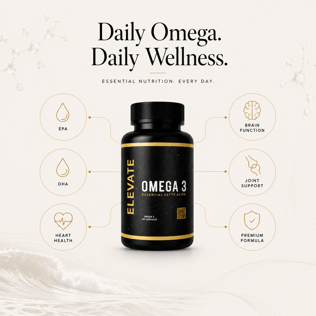 Elevate Omega 3 supplement bottle with high strength EPA and DHA, featuring a white label and blue accents.