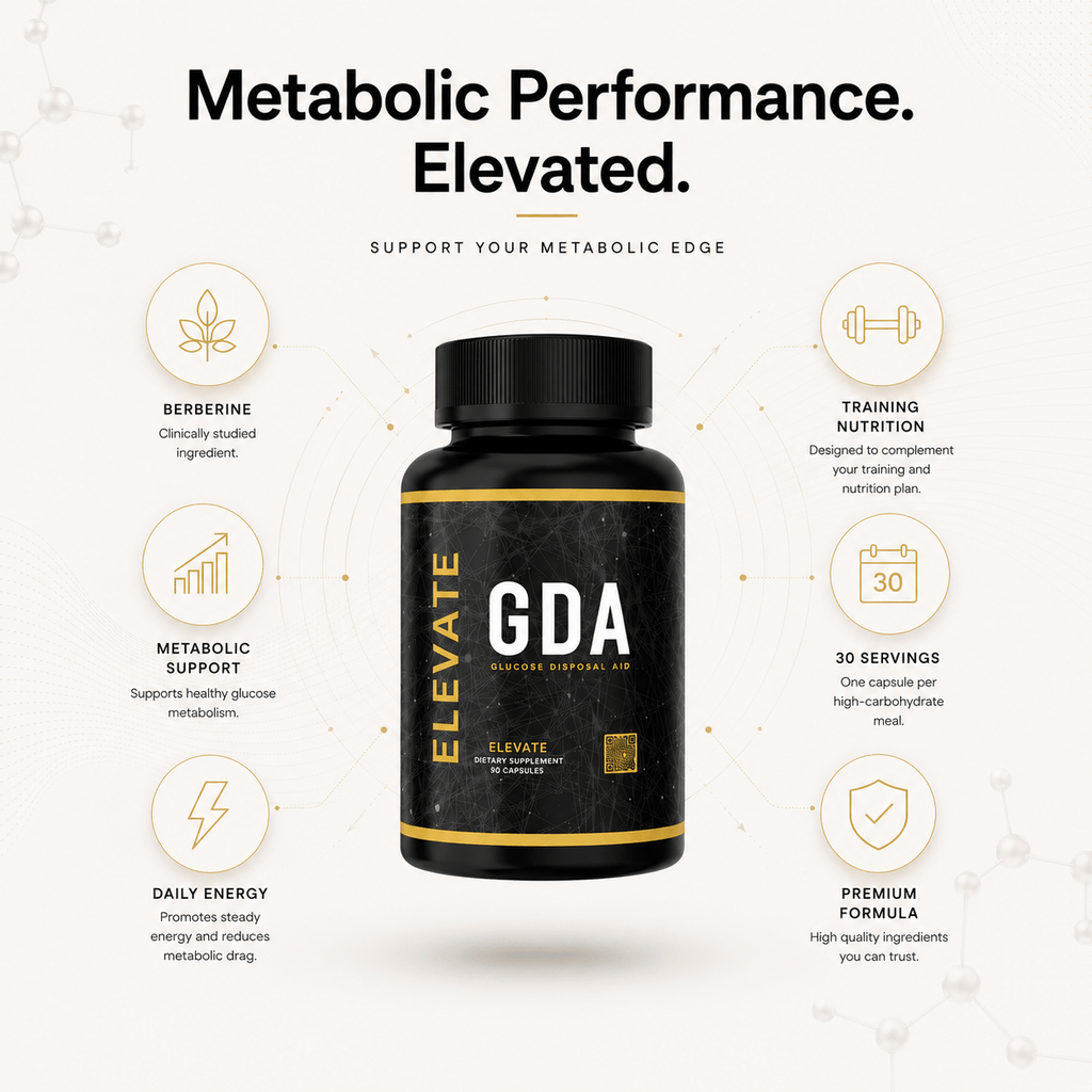 Elevate GDA glucose disposal agent supplement with berberine, shown in a sleek supplement bottle with label details.