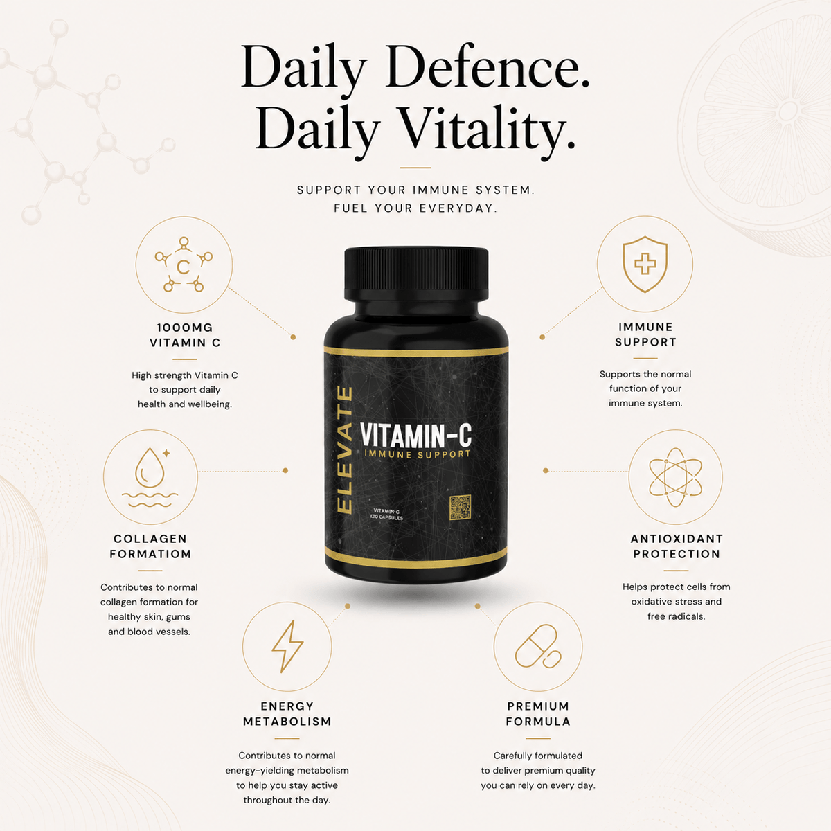 Bottle of Elevate Vitamin C 1000mg high strength supplement by ElevateSupplementsNI, showing the label and capsule details.