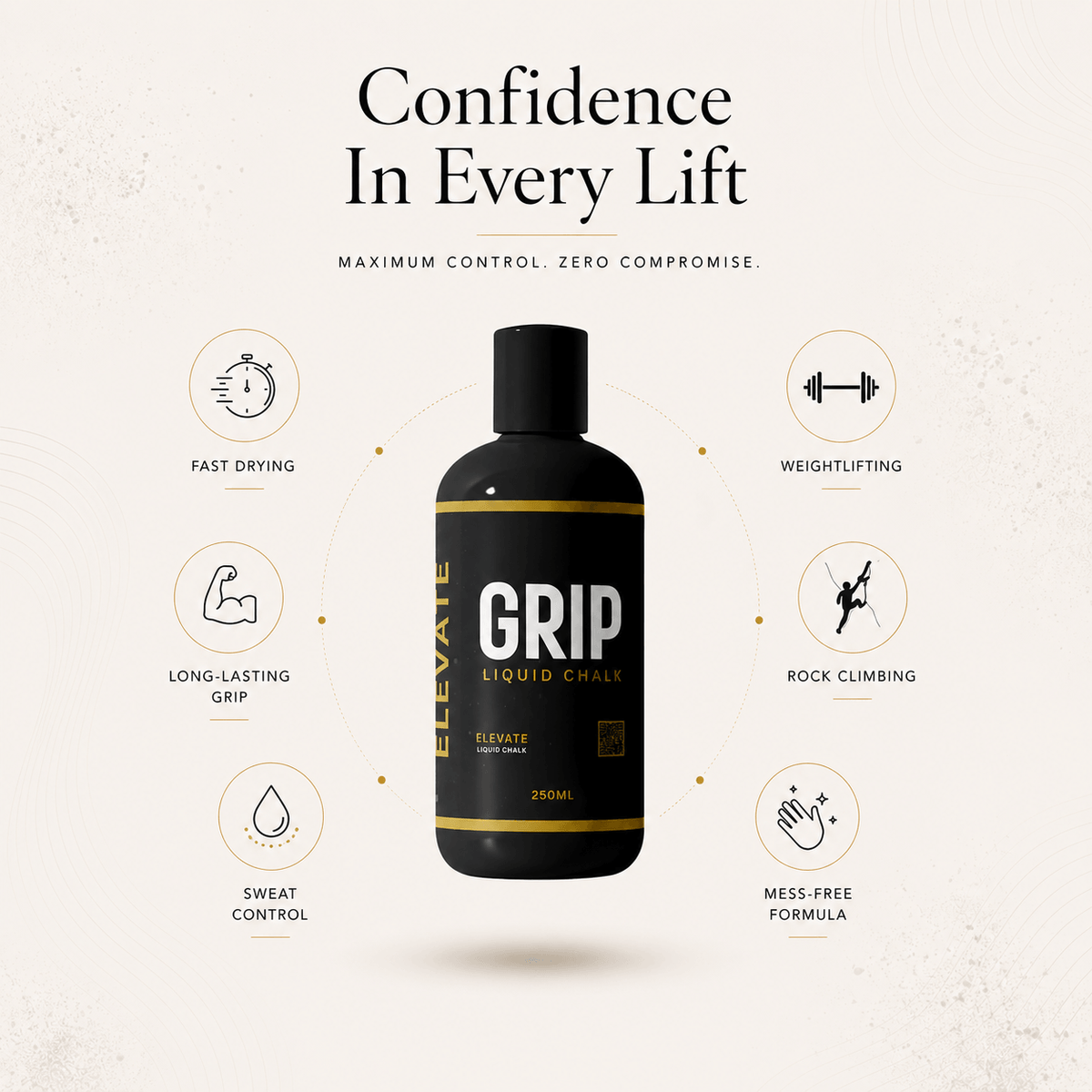 Elevate Grip Liquid Chalk by ElevateSupplementsNI, showing a bottle of long-lasting grip formula with the product label.