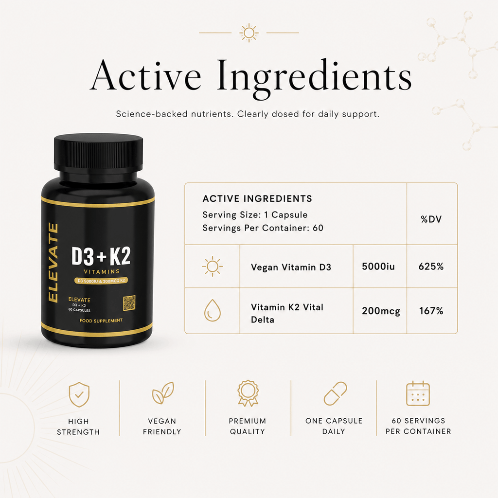 Elevate Supplements Elevate D3 + K2 bottle with 6 capsules, high strength vitamin D3 and K2 for bone health and immune support.