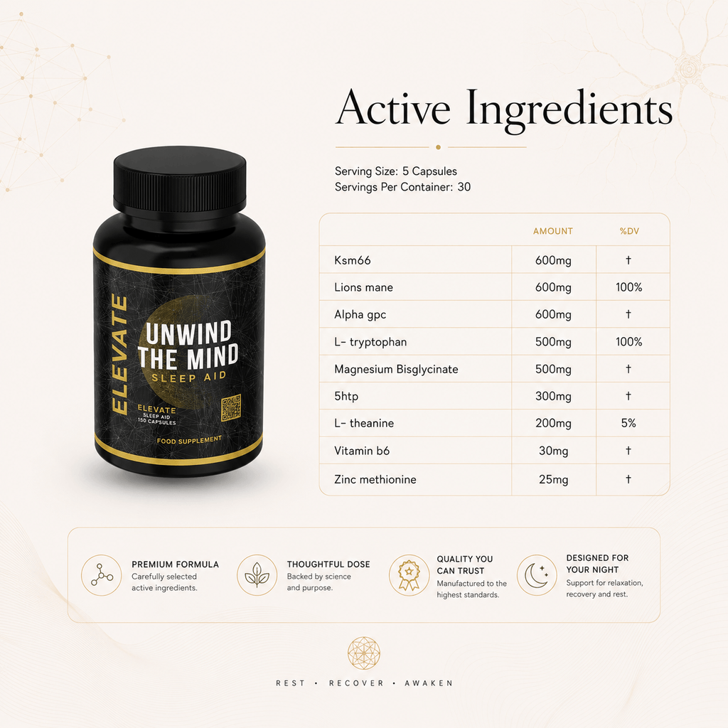 Elevate Sleep Aid supplement bottle with label showing 5-HTP, magnesium, and L-theanine for restful sleep, by ElevateSupplementsNI.