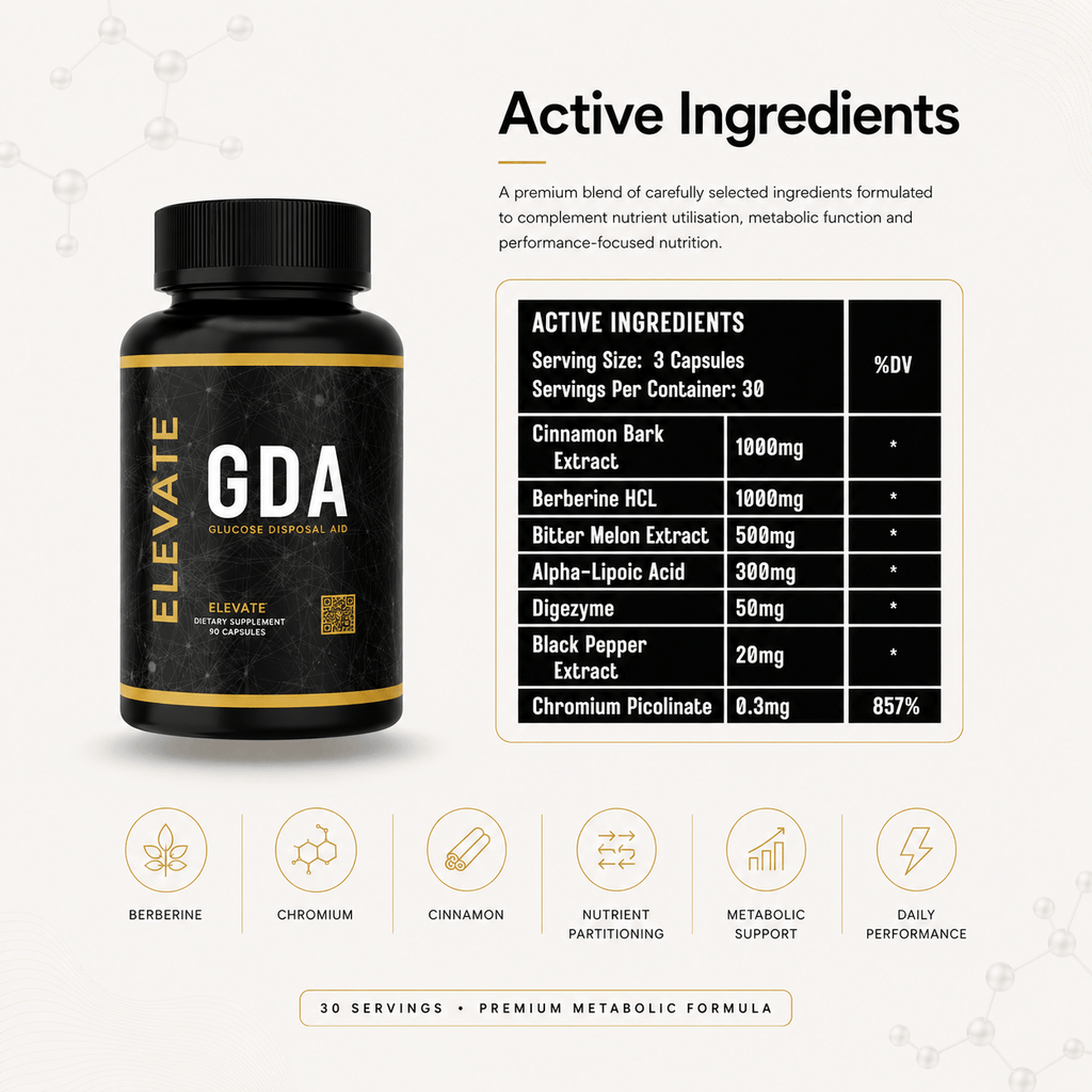 Close-up of Elevate GDA glucose disposal agent supplement bottle with label featuring Berberine by ElevateSupplementsNI.