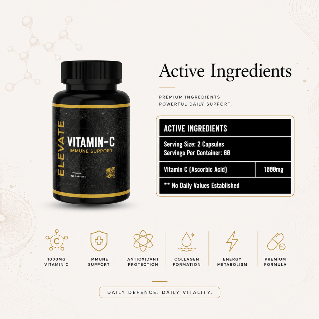 Elevate Vitamin C 1000mg high strength supplement bottle from ElevateSupplementsNI, featuring orange capsules on a white background.