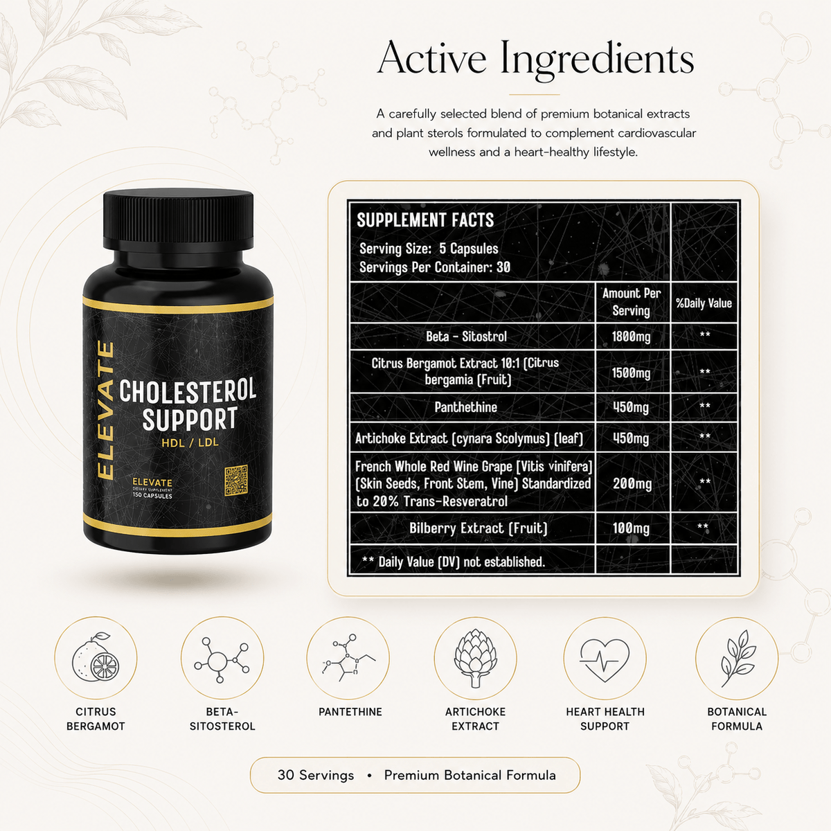 Elevate SupplementsNI Elevate Cholesterol Support capsules with bergamot and beta-sitosterol for heart health.