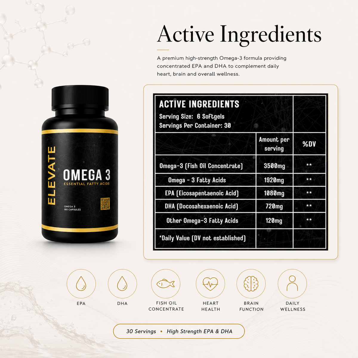 High strength Elevate Omega 3 supplement capsules with EPA and DHA for overall health and wellness.