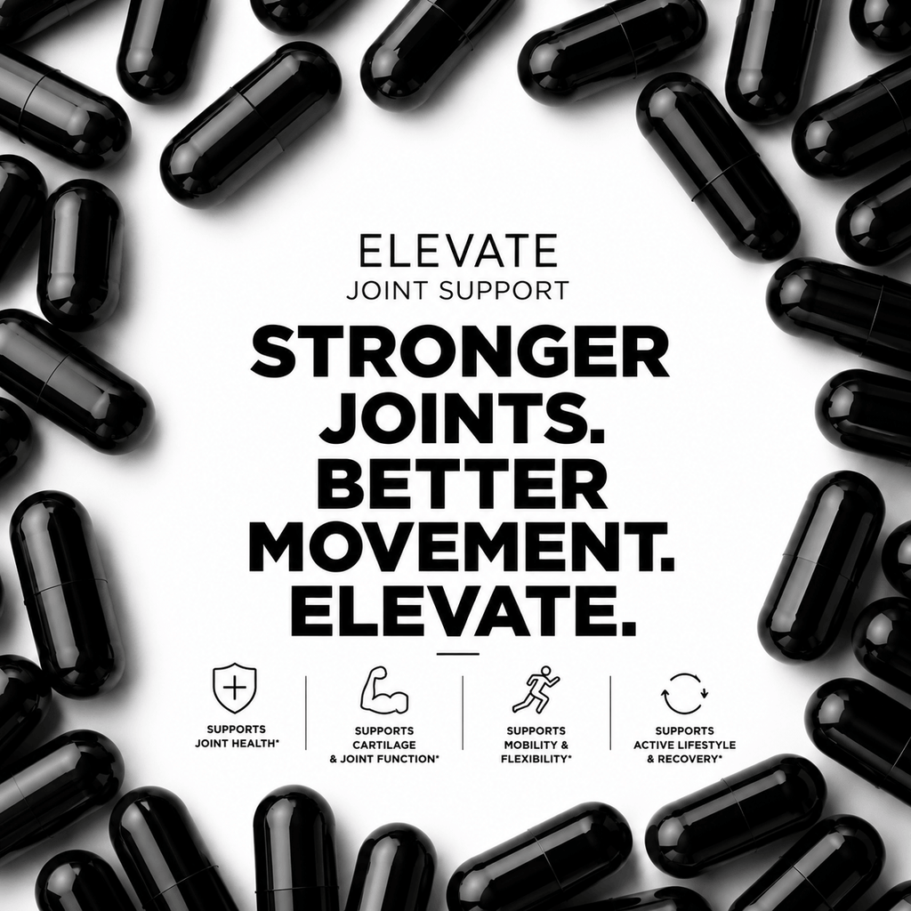 ElevateJoint Support Capsules with glucosamine, chondroitin, and MSM in a white bottle with capsules inside.